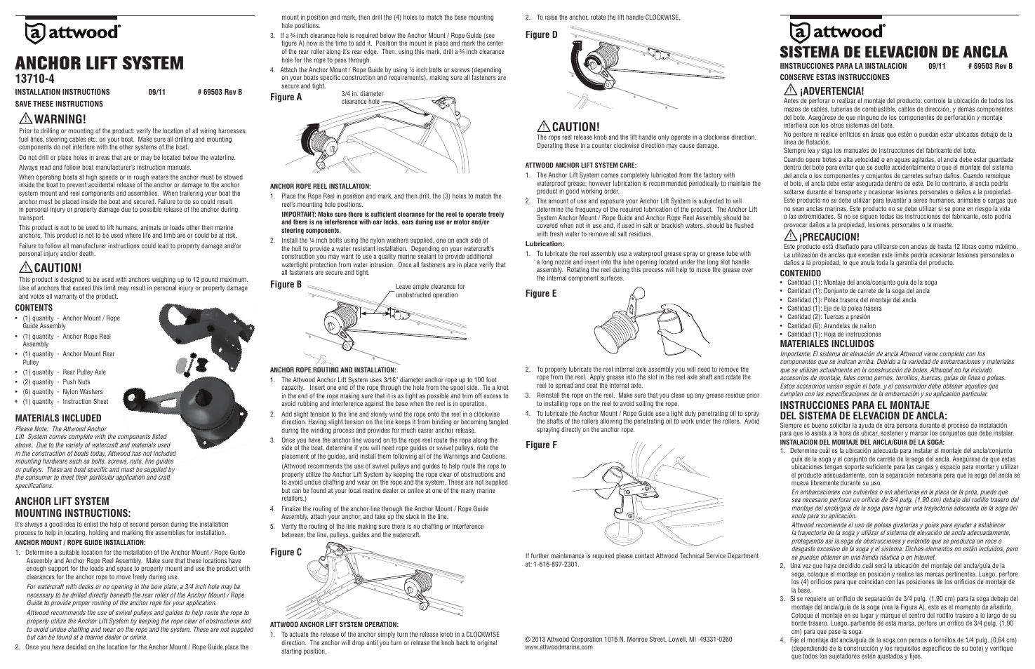 Anchor lift system, Sistema de elevacion de ancla, Caution | Warning, Anchor lift system mounting instructions, Advertencia, Precaucion, Figure d, Figure e, Figure f | Attwood Anchor Lift System User Manual | Page 2 / 4