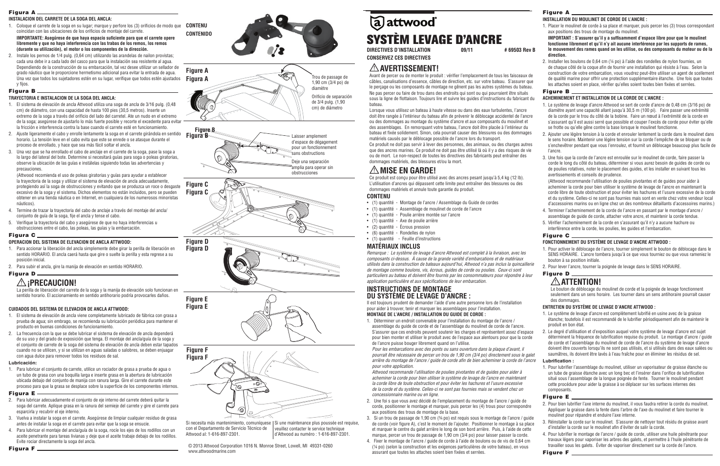 Systèm levage d’ancre, Avertissement, Mise en garde | Attention, Precaucion, Matériaux inclus, Figura a, Figure c figure d figure e figure f | Attwood Anchor Lift System User Manual | Page 3 / 4