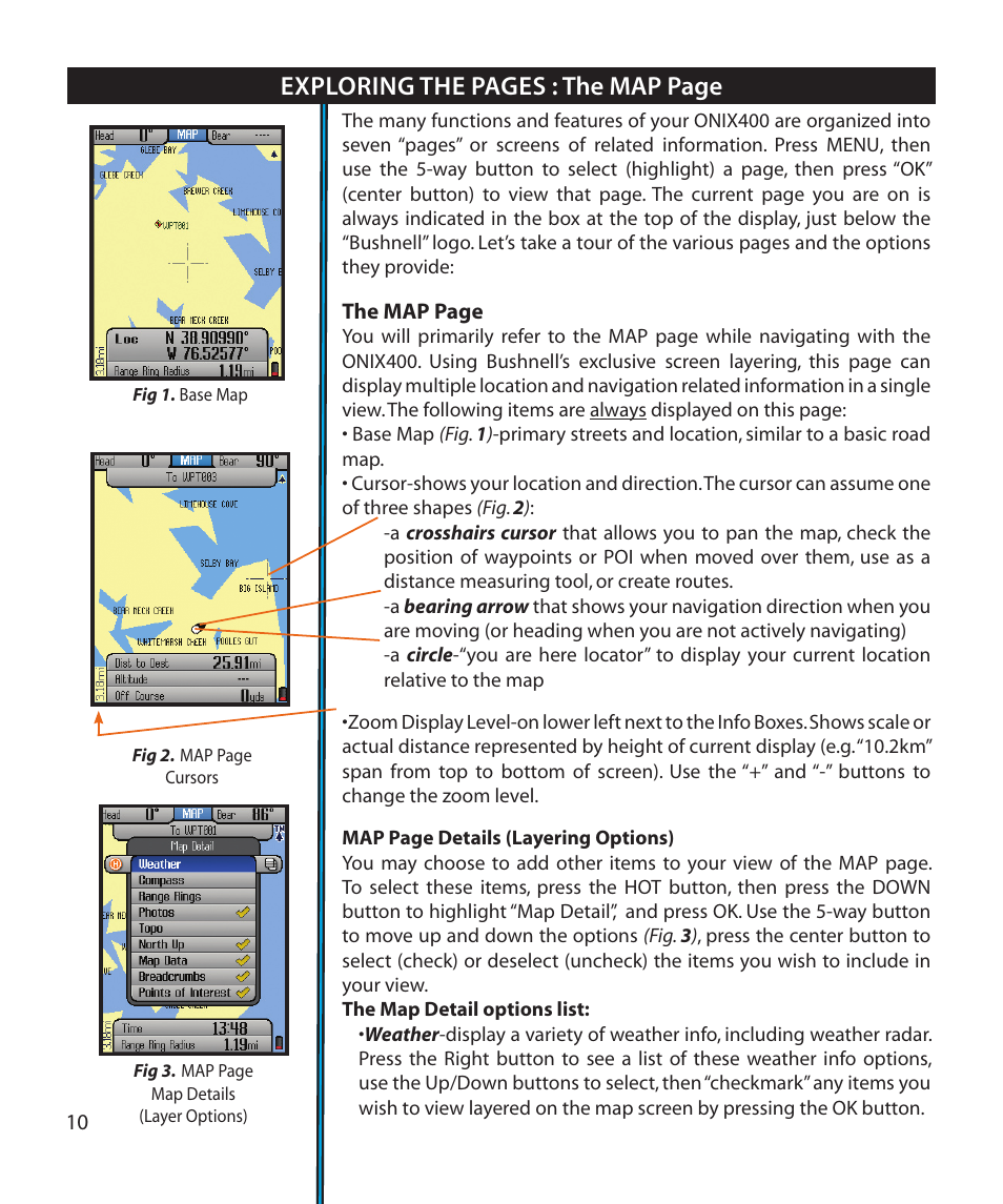 Exploring the pages : the map page | Bushnell Onix 364000 User Manual | Page 10 / 32