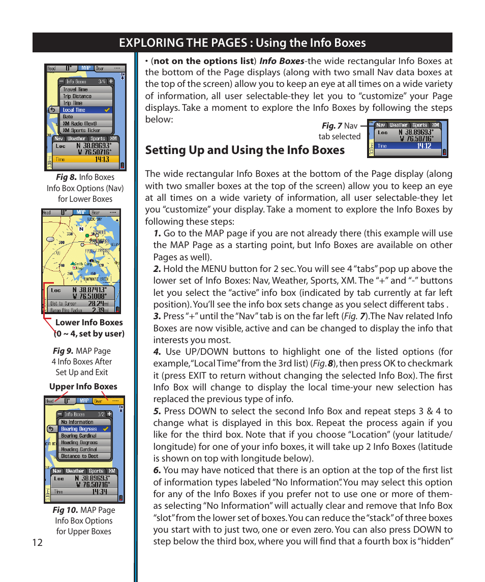 Exploring the pages : using the info boxes, Setting up and using the info boxes | Bushnell Onix 364000 User Manual | Page 12 / 32