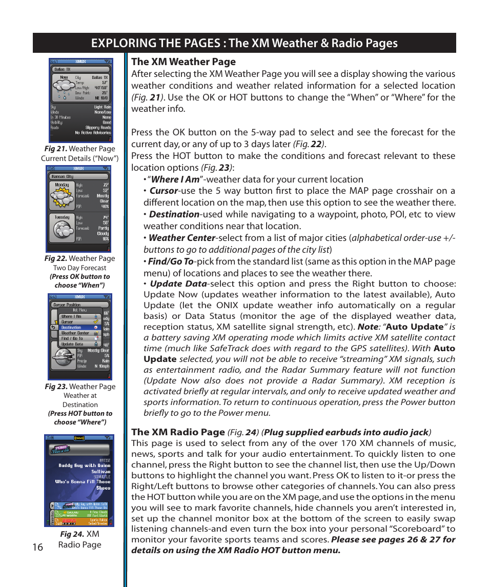 Exploring the pages : the xm weather & radio pages | Bushnell Onix 364000 User Manual | Page 16 / 32