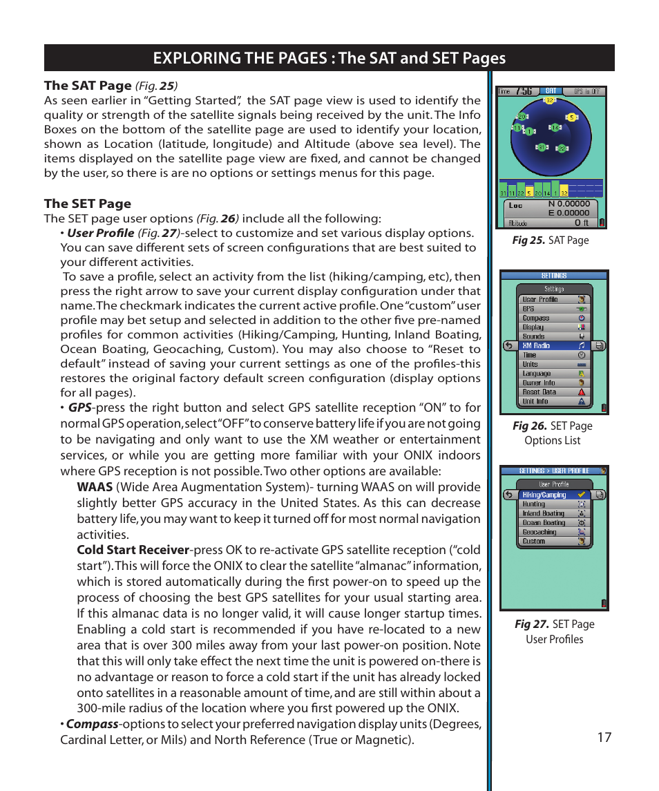 Exploring the pages : the sat and set pages | Bushnell Onix 364000 User Manual | Page 17 / 32