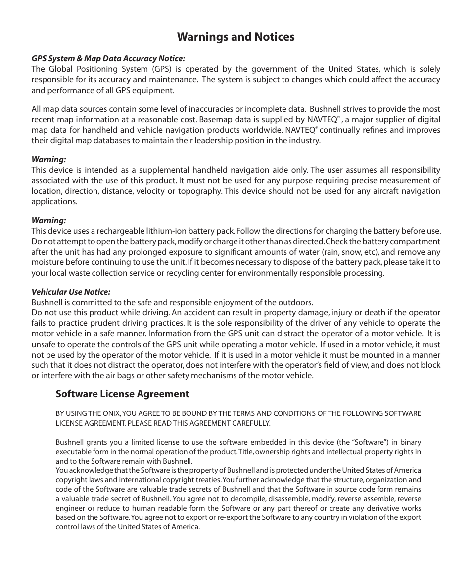 Warnings and notices, Software license agreement | Bushnell Onix 364000 User Manual | Page 2 / 32