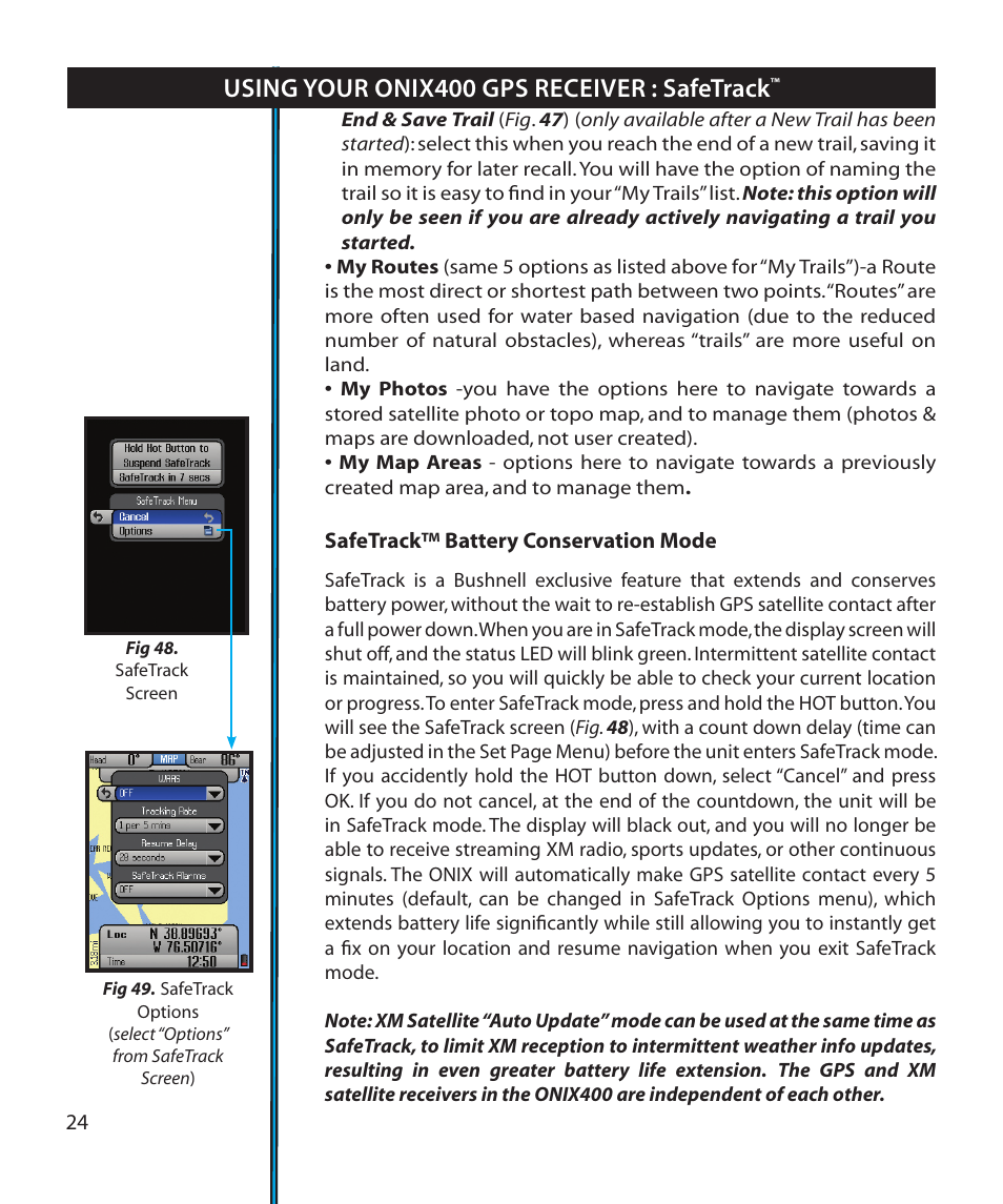 Using your onix400 gps receiver : safetrack | Bushnell Onix 364000 User Manual | Page 24 / 32