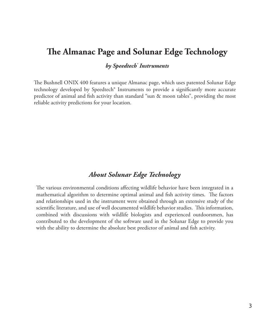 The almanac page and solunar edge technology, About solunar edge technology | Bushnell Onix 364000 User Manual | Page 3 / 32