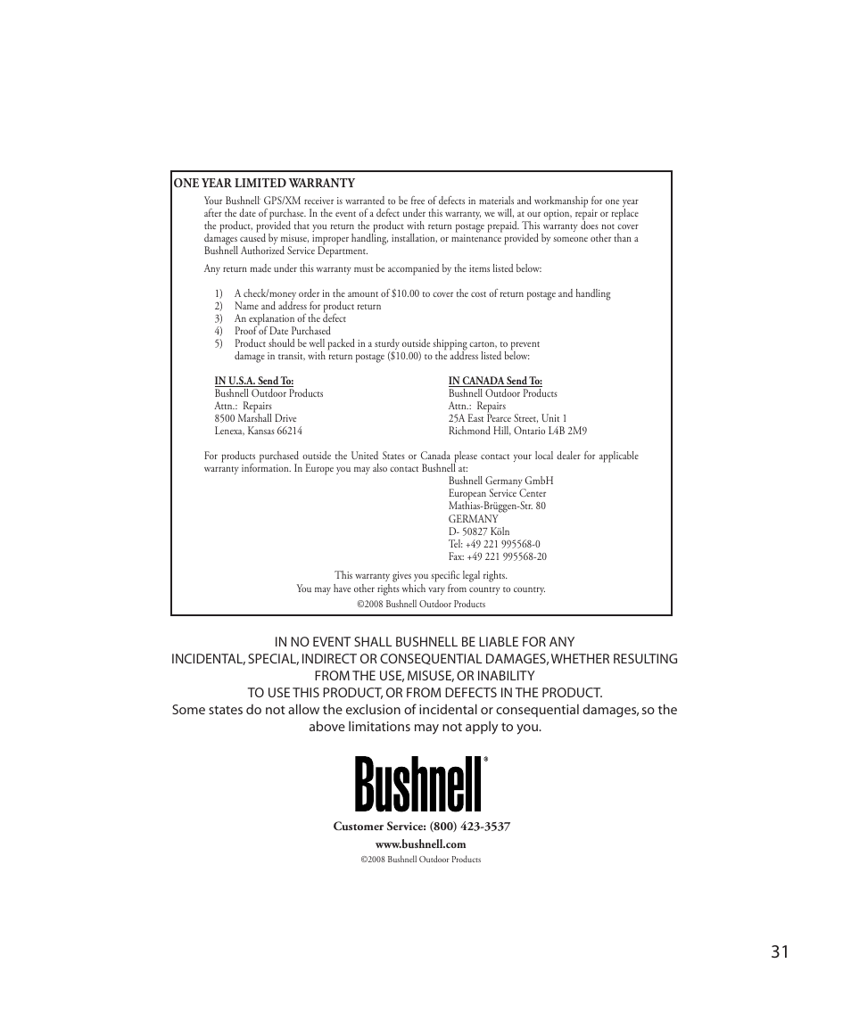 Bushnell Onix 364000 User Manual | Page 31 / 32