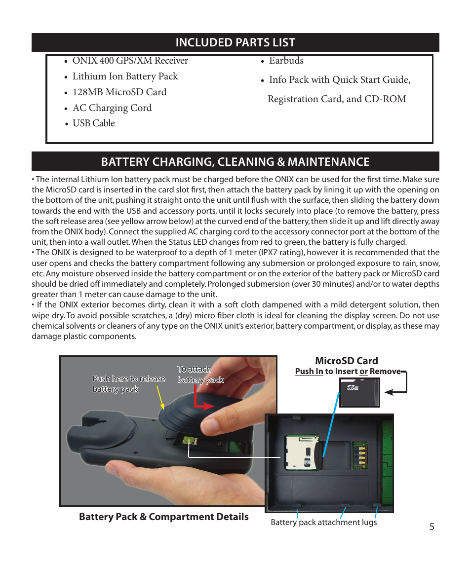 Included parts list, Battery charging, cleaning & maintenance | Bushnell Onix 364000 User Manual | Page 5 / 32