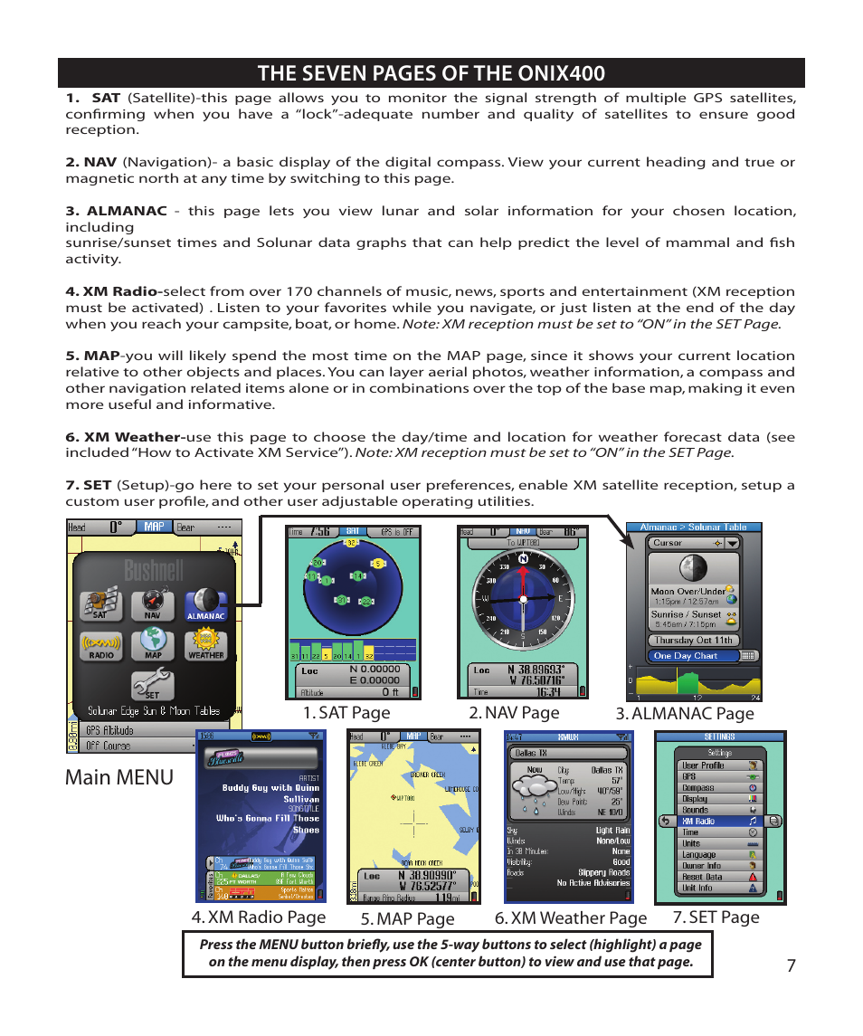 The seven pages of the onix400, Main menu | Bushnell Onix 364000 User Manual | Page 7 / 32