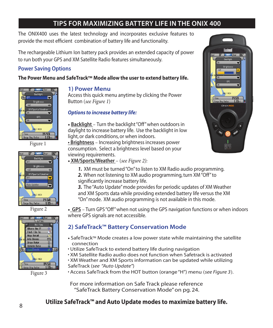 Tips for maximizing battery life in the onix 400 | Bushnell Onix 364000 User Manual | Page 8 / 32