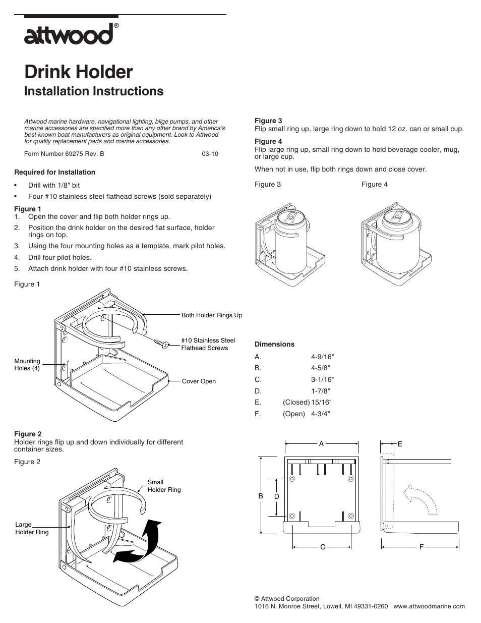 Attwood Fold-Up Drink Holder Dual Ring User Manual | 1 page