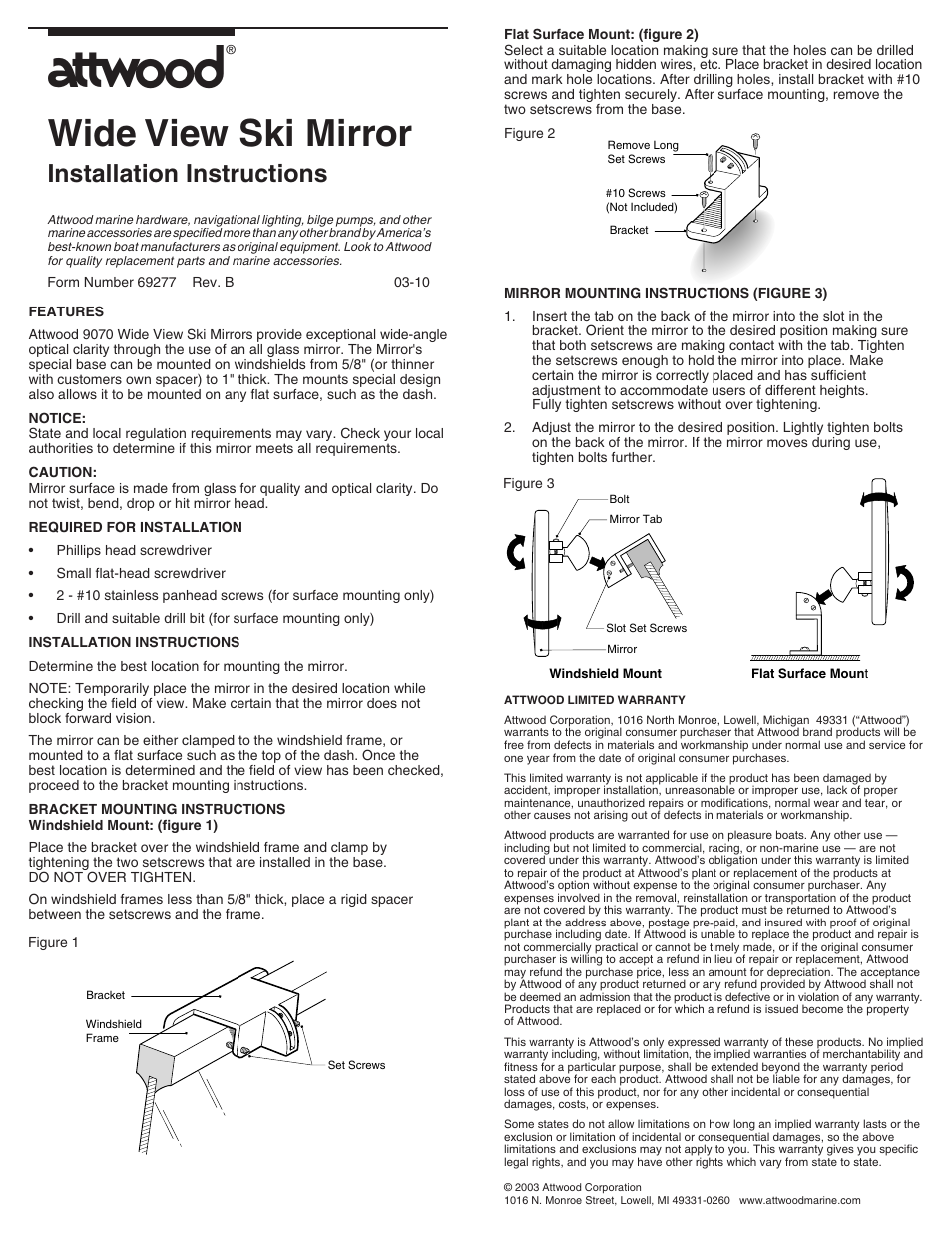 Attwood Wide View Ski Mirror User Manual | 1 page