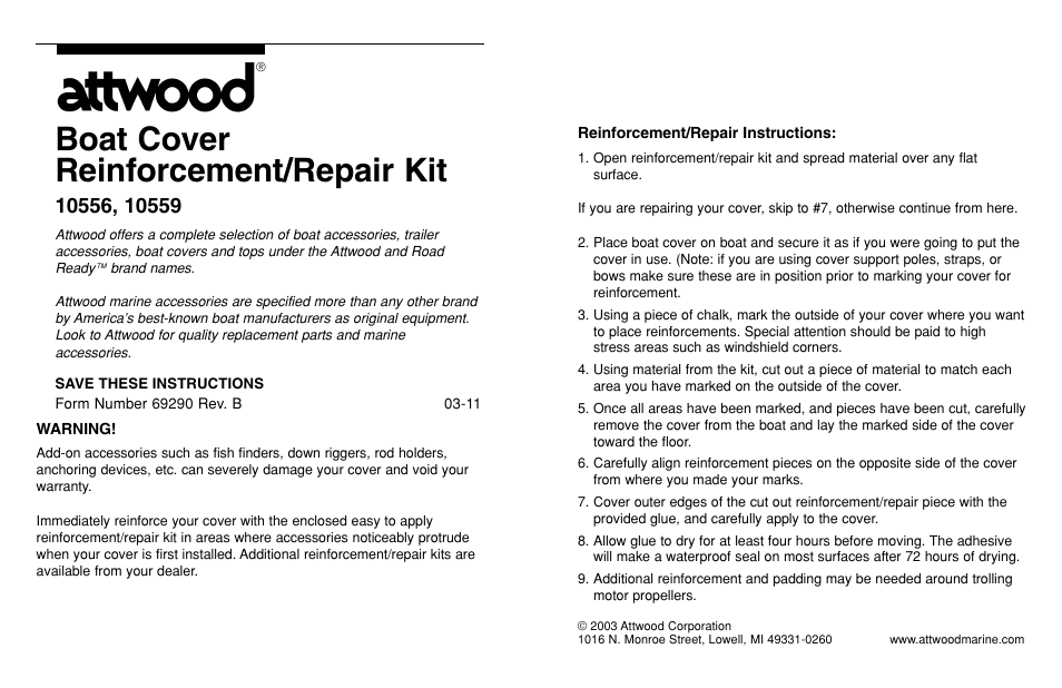 Attwood Boat Cover Repair Kit User Manual | 1 page