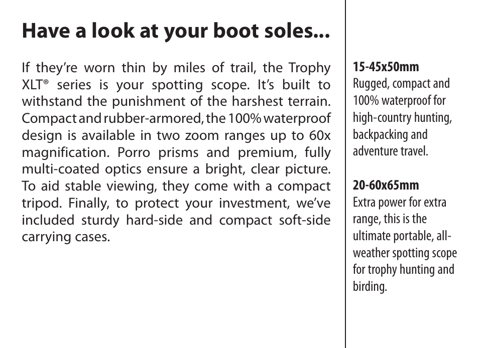 Have a look at your boot soles | Bushnell SPOTTING SCOPES 98-2307/10-10 User Manual | Page 2 / 8