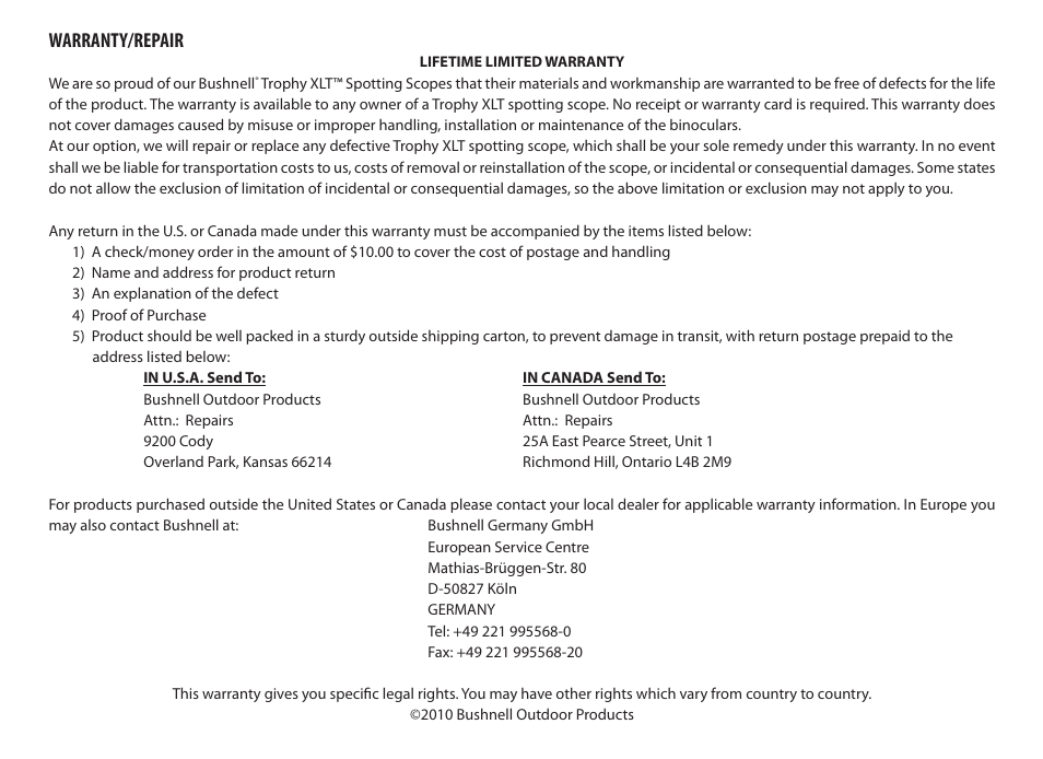 Warranty/repair | Bushnell SPOTTING SCOPES 98-2307/10-10 User Manual | Page 7 / 8