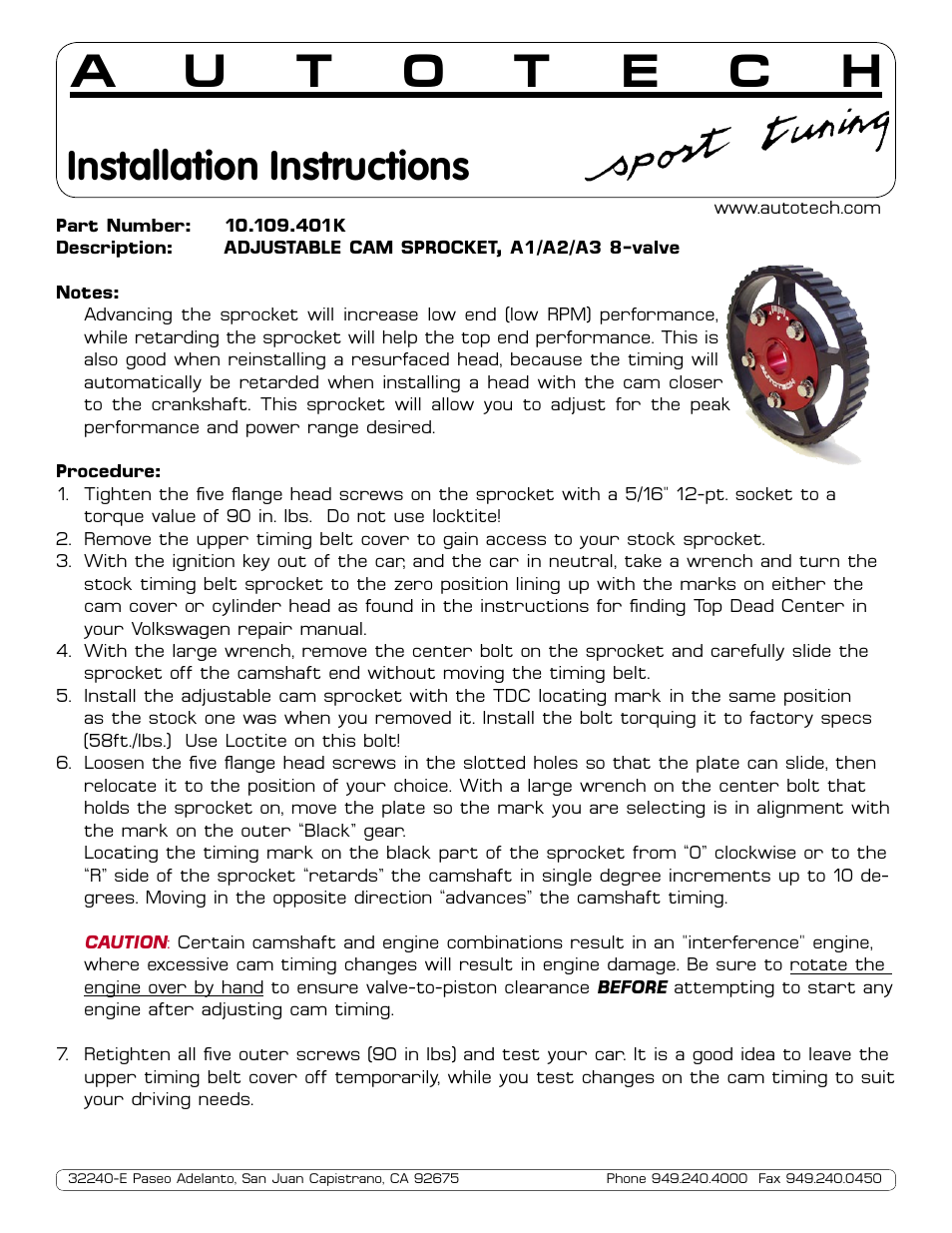 Autotech 10.109.401K Adjustable Cam Sprocket, Mk1, Mk2, Mk3 8V User Manual | 1 page