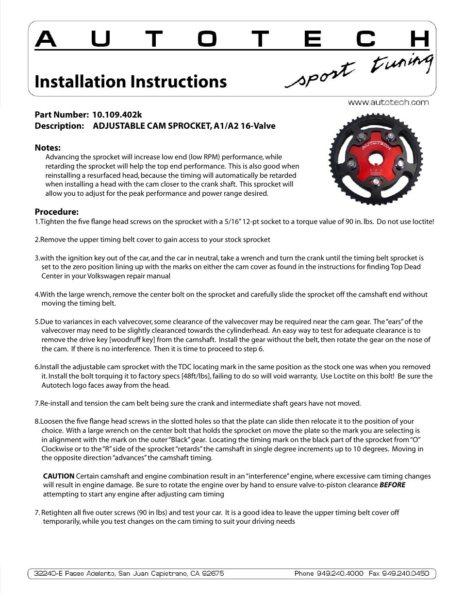 Autotech 10.109.402K Adjustable Cam Sprocket, Mk1, Mk2 16V User Manual | 1 page