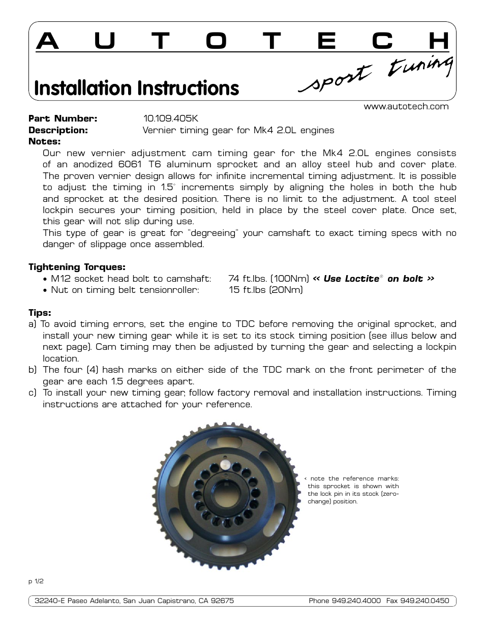 Autotech 10.109.405K Vernier Timing Gear Mk4 2.0L Engines User Manual | 2 pages