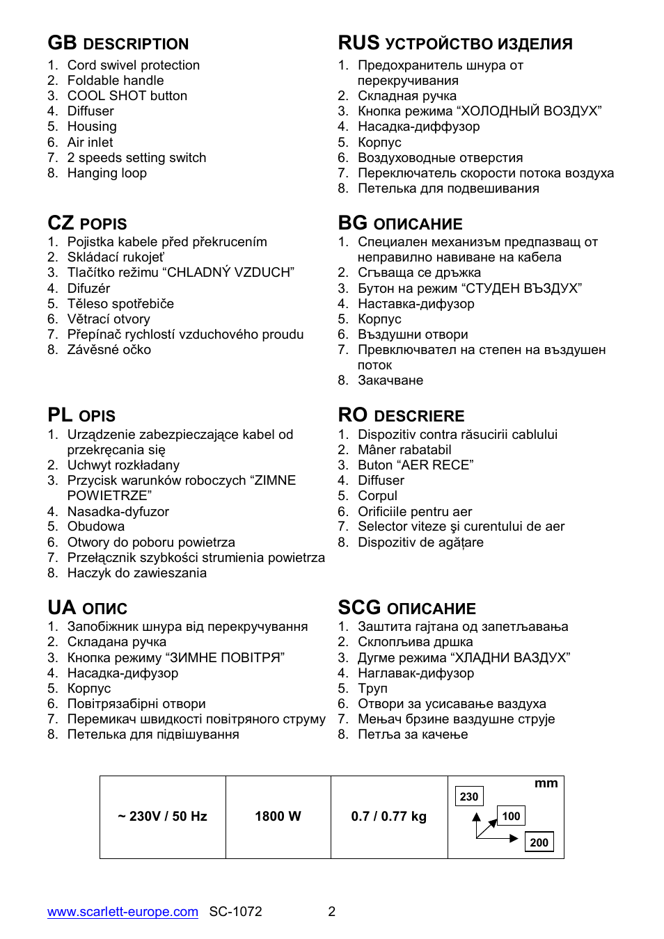 Ua scg | Scarlett SC-1072 User Manual | Page 2 / 20