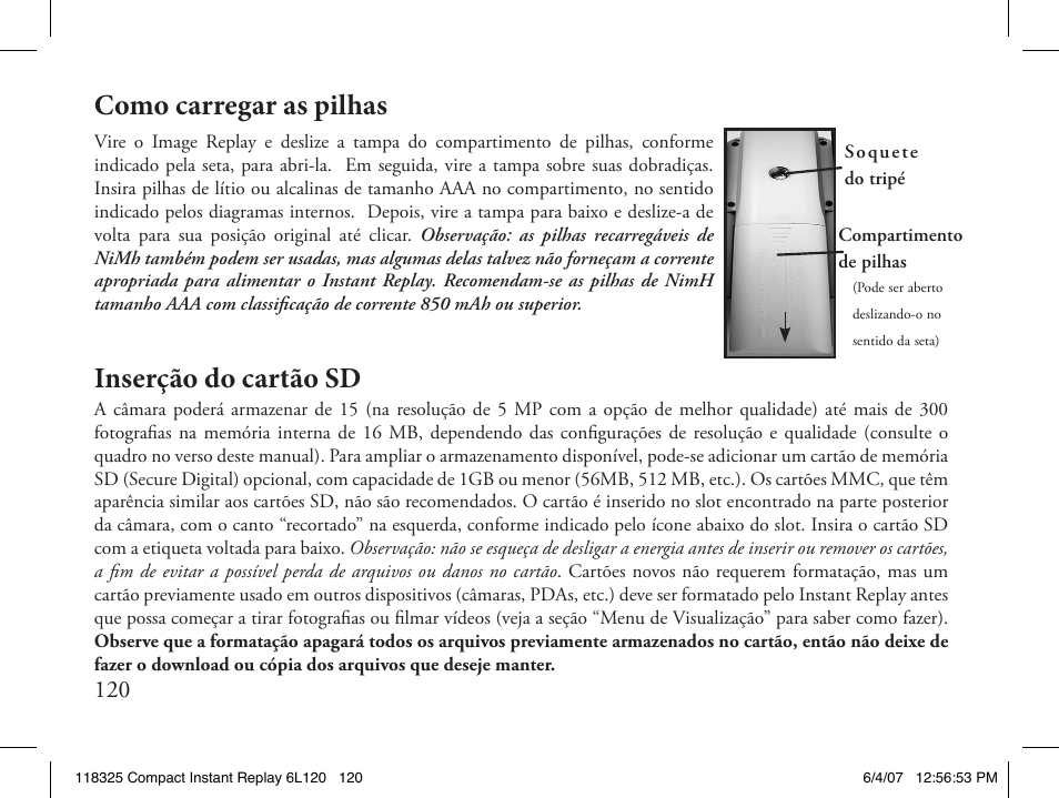 Como carregar as pilhas inserção do cartão sd | Bushnell 118325 User Manual | Page 120 / 138