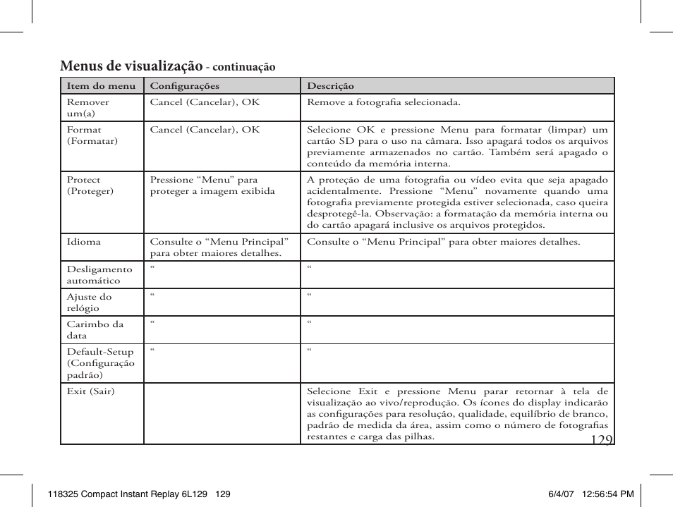 129 menus de visualização, Continuação | Bushnell 118325 User Manual | Page 129 / 138