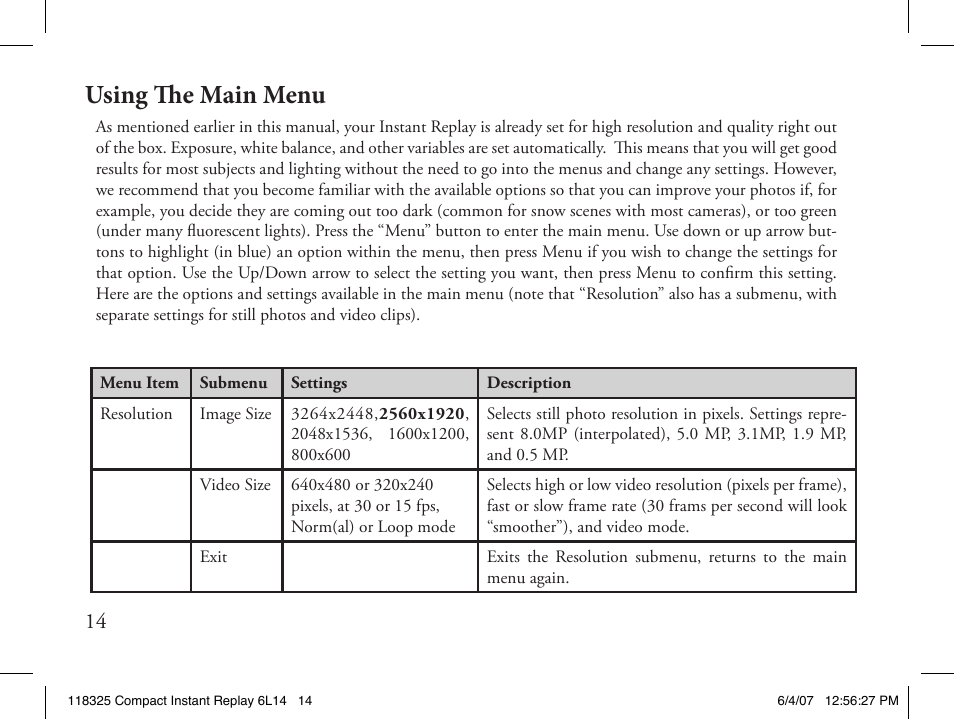 Using the main menu | Bushnell 118325 User Manual | Page 14 / 138