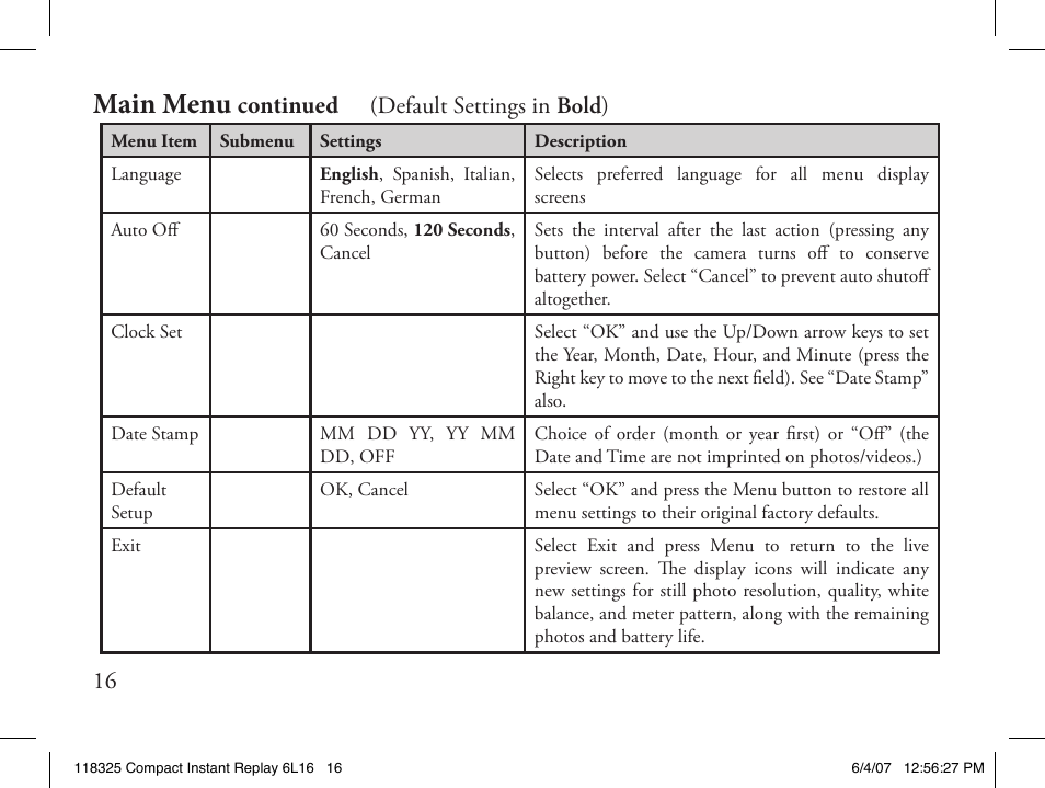 Main menu, Continued (default settings in bold ) 16 | Bushnell 118325 User Manual | Page 16 / 138