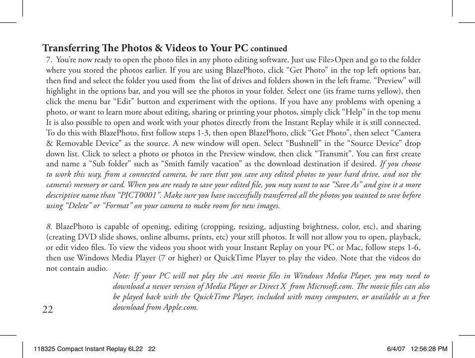 22 transferring the photos & videos to your pc | Bushnell 118325 User Manual | Page 22 / 138