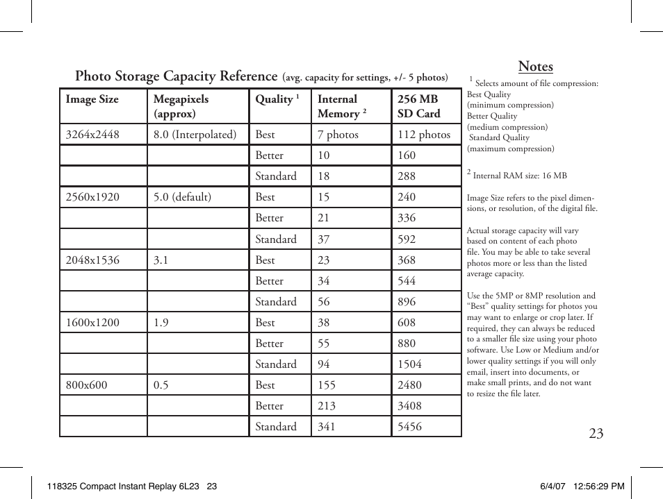 23 photo storage capacity reference | Bushnell 118325 User Manual | Page 23 / 138