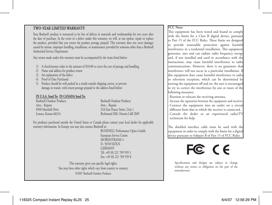 Two-year limited warranty | Bushnell 118325 User Manual | Page 25 / 138