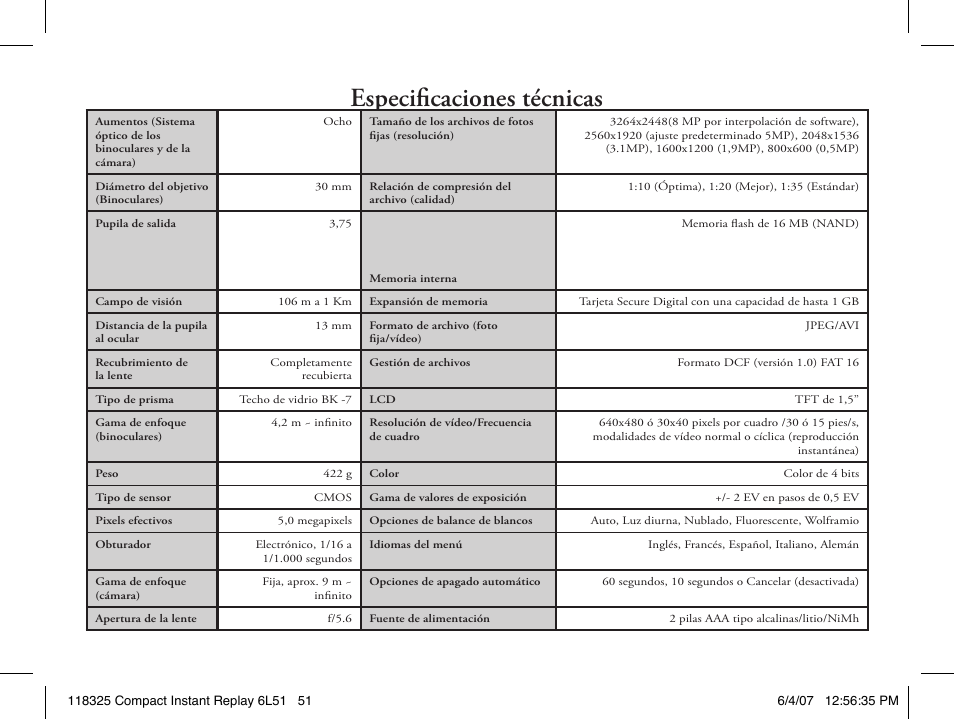 Especificaciones técnicas | Bushnell 118325 User Manual | Page 51 / 138