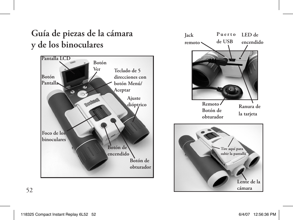 Guía de piezas de la cámara y de los binoculares | Bushnell 118325 User Manual | Page 52 / 138