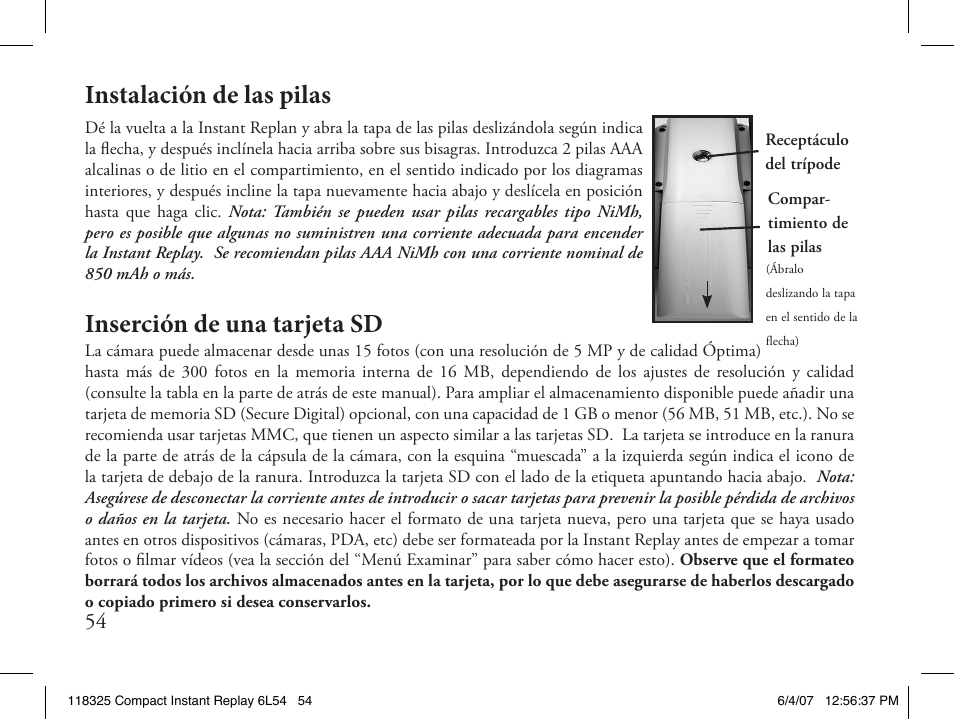 Instalación de las pilas, Inserción de una tarjeta sd | Bushnell 118325 User Manual | Page 54 / 138