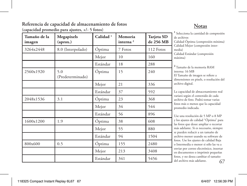 Notas, Referencia de capacidad de almacenamiento de fotos | Bushnell 118325 User Manual | Page 67 / 138