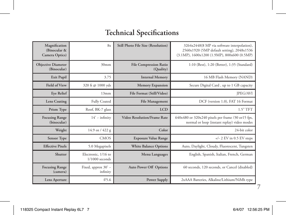 Technical specifications | Bushnell 118325 User Manual | Page 7 / 138