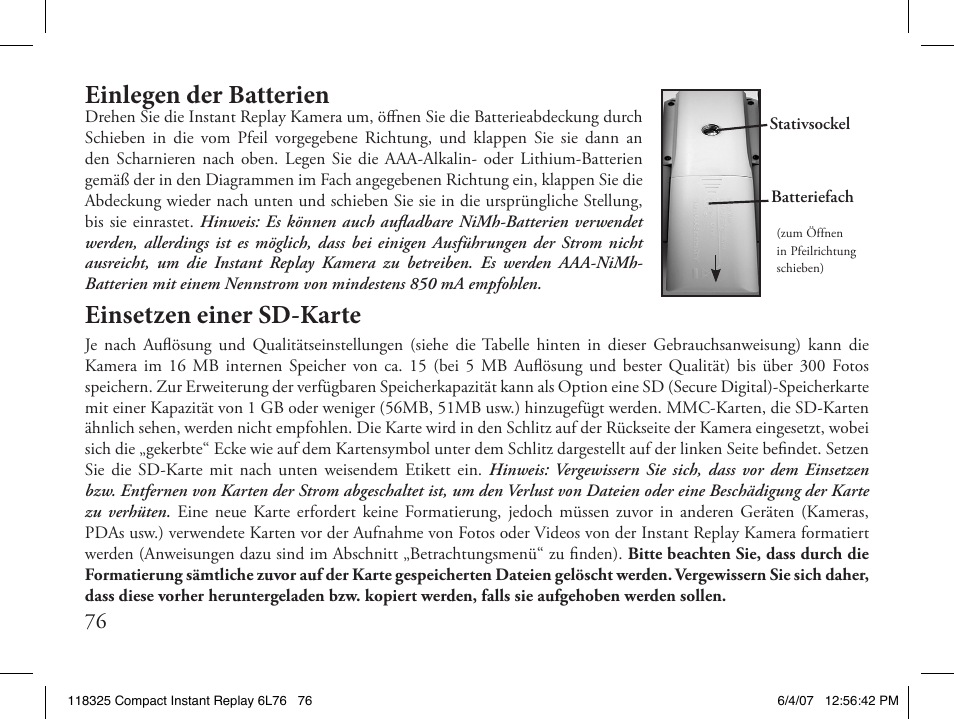 Einlegen der batterien einsetzen einer sd-karte | Bushnell 118325 User Manual | Page 76 / 138