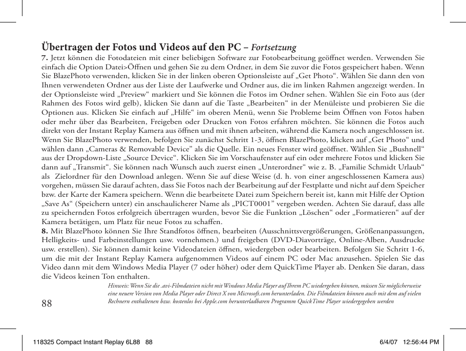 88 übertragen der fotos und videos auf den pc, Fortsetzung | Bushnell 118325 User Manual | Page 88 / 138