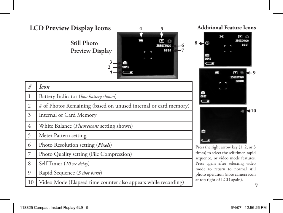 Lcd preview display icons | Bushnell 118325 User Manual | Page 9 / 138
