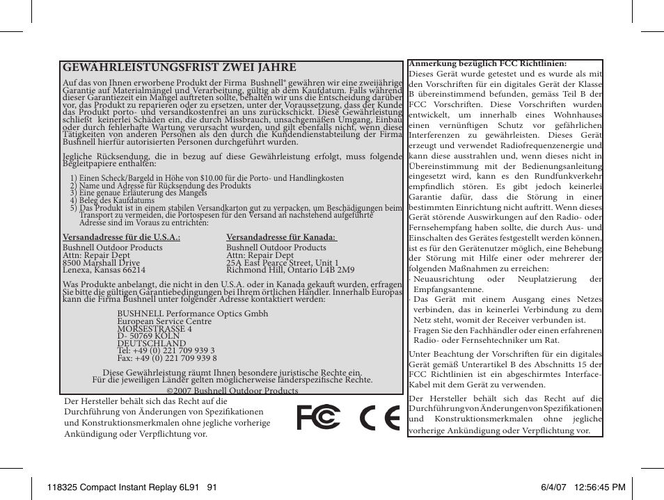 Gewährleistungsfrist zwei jahre | Bushnell 118325 User Manual | Page 91 / 138