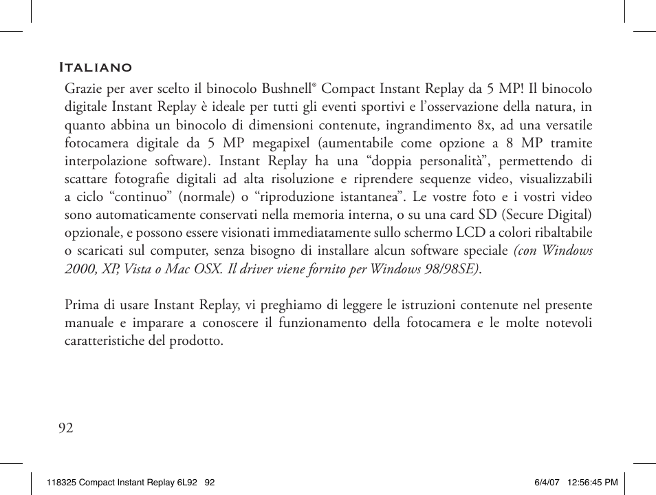 Italiano | Bushnell 118325 User Manual | Page 92 / 138