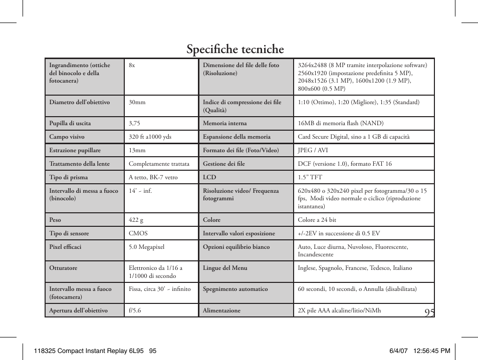 Specifiche tecniche | Bushnell 118325 User Manual | Page 95 / 138