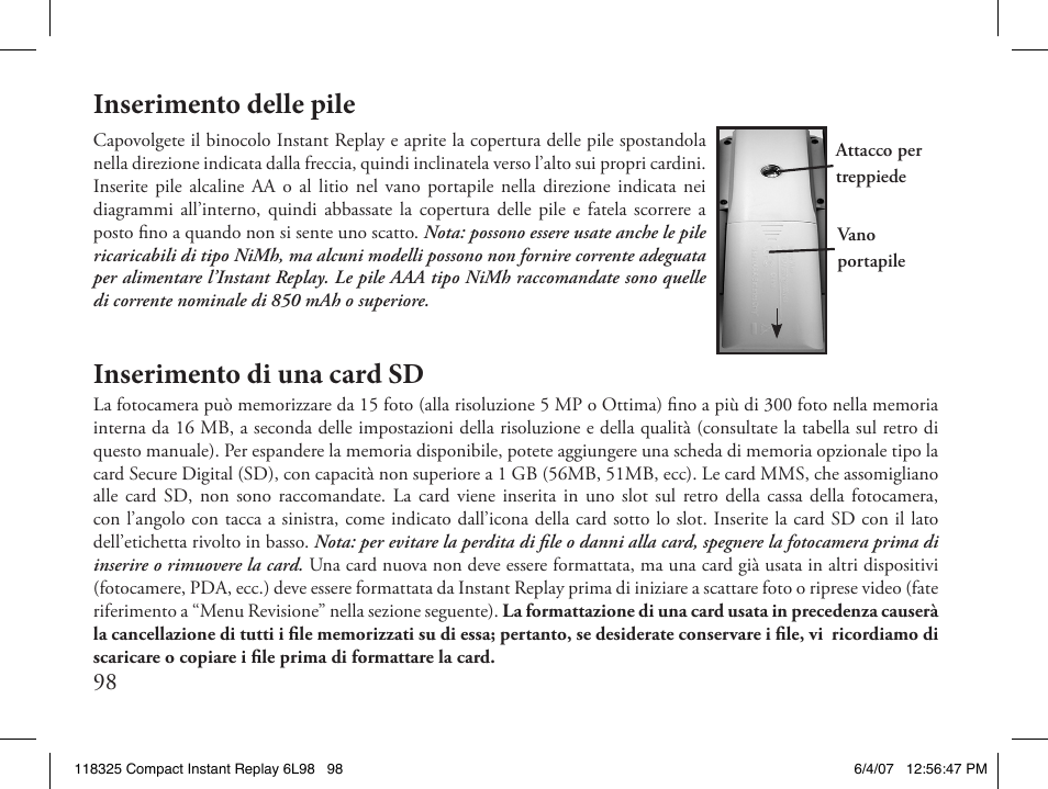 Inserimento delle pile inserimento di una card sd | Bushnell 118325 User Manual | Page 98 / 138