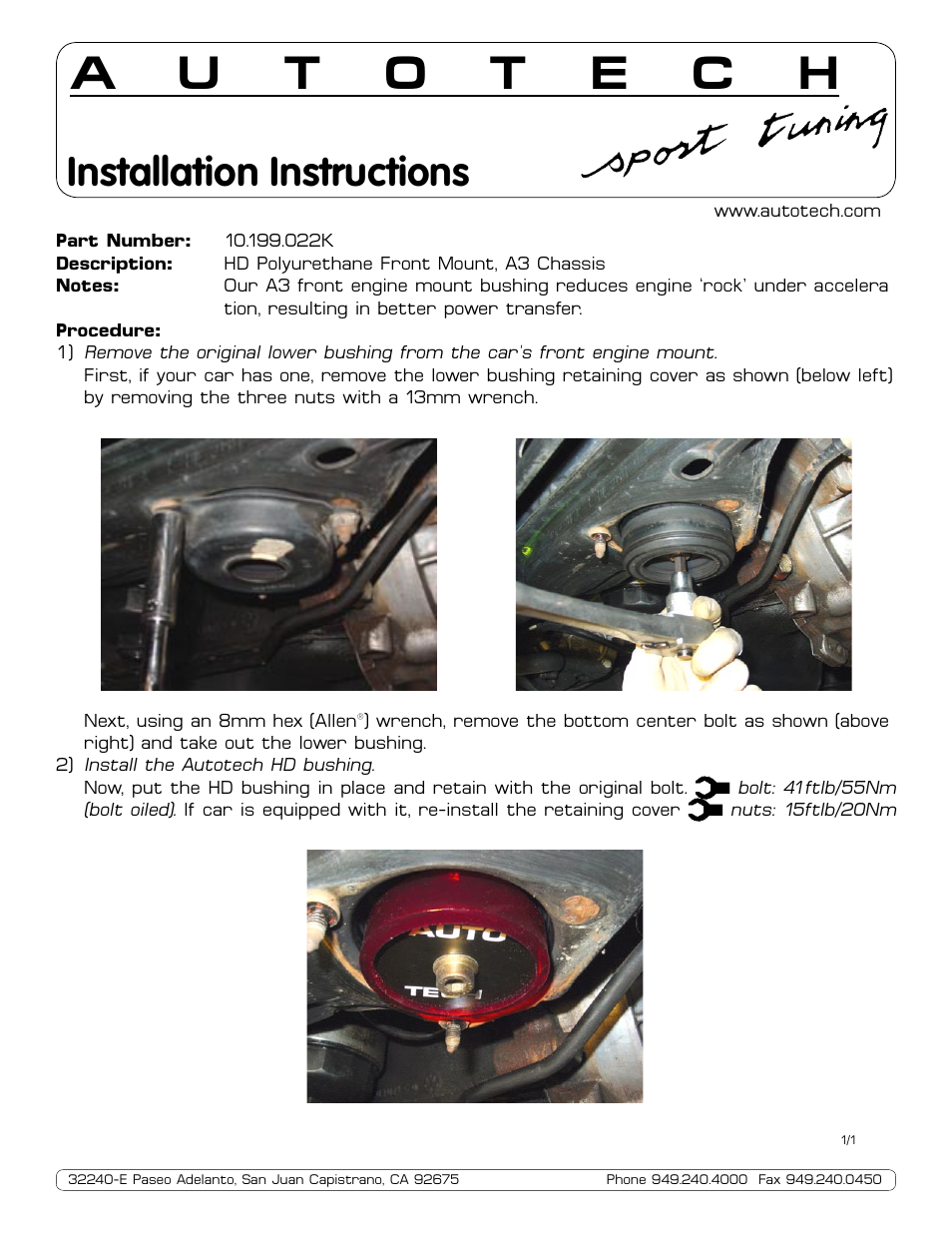 Autotech 10.199.022K HD Poly Front Engine Mount, Mk3 2.0L & VR6 User Manual | 1 page