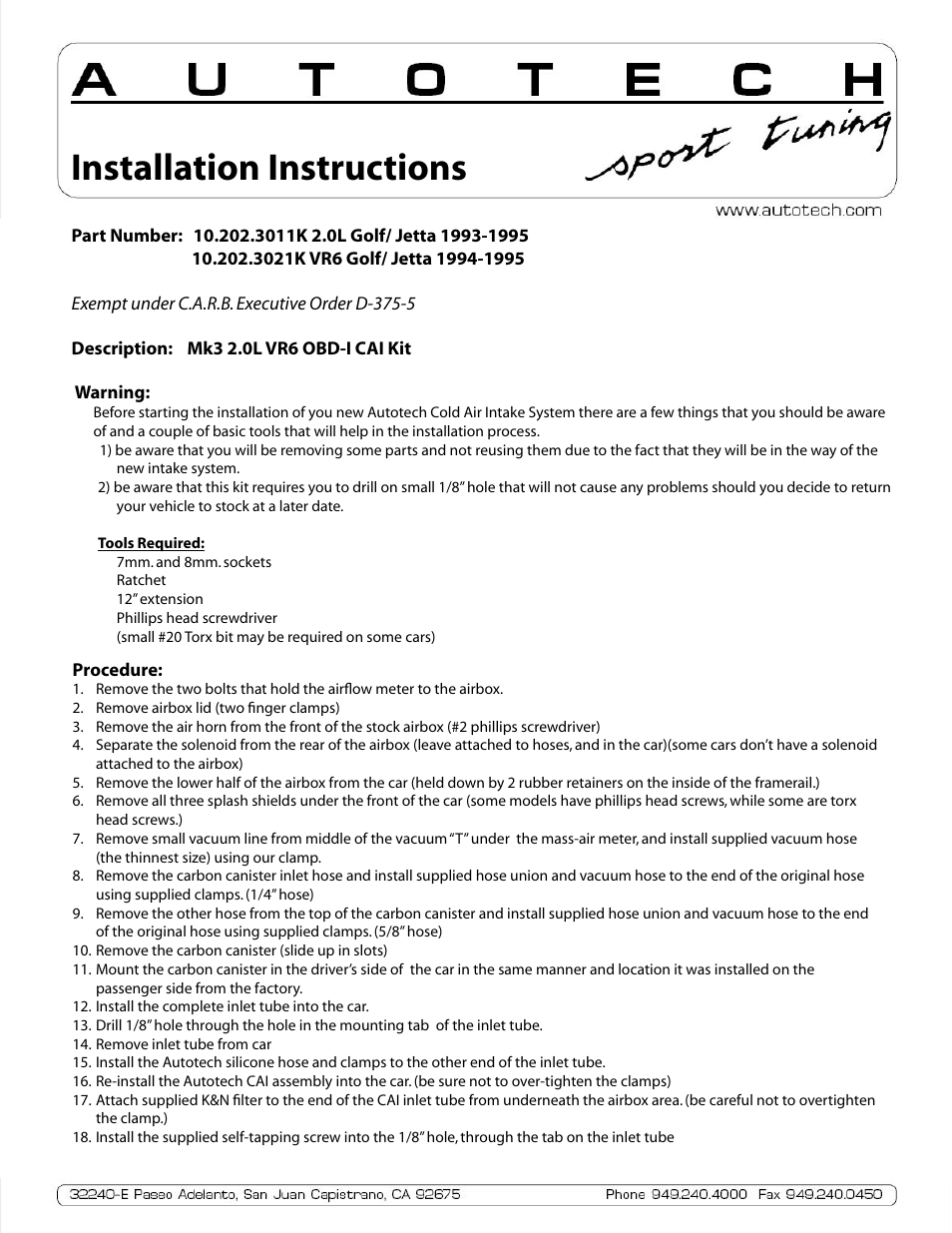 Autotech 10.202.3011K/3021K Cold Air Intake Kit, Mk3 2.0L & VR6 OBDI User Manual | 2 pages