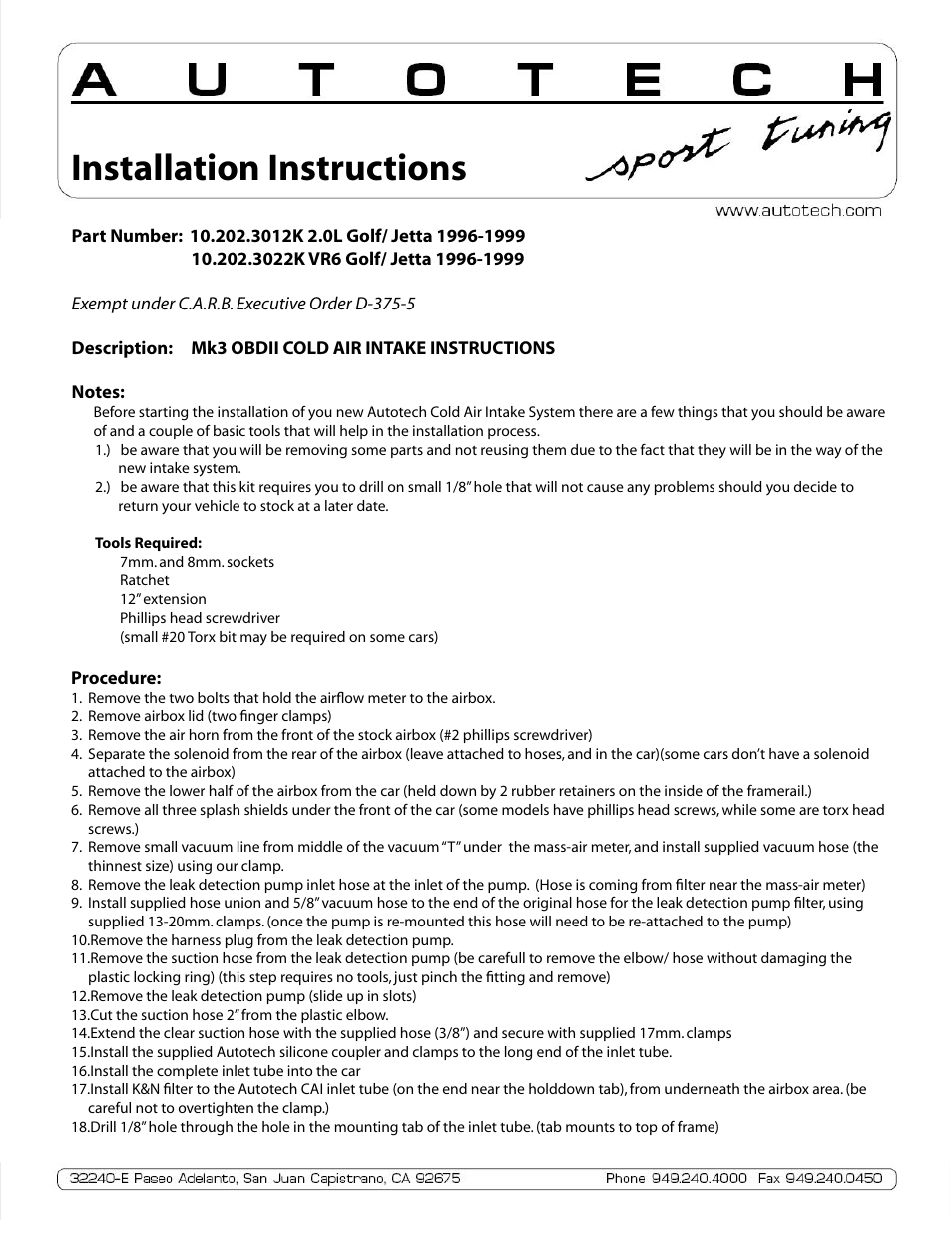 Autotech 10.202.3012K/3022K Cold Air Intake Kit, Mk3 2.0L & VR6 OBDII User Manual | 2 pages