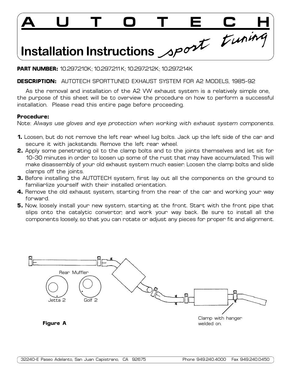 Autotech 10.297.210K-214K SportTuned Aluminized Exhaust System, Mk2 8V & 16V Models User Manual | 2 pages