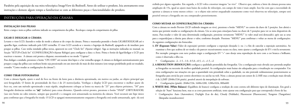 Instruções para operação da câmara | Bushnell 78-7351 User Manual | Page 50 / 57