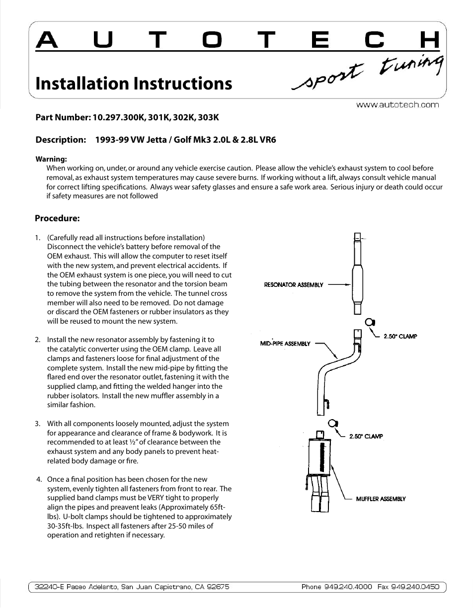 Autotech 10.297.300K-303K SportTuned Stainless Exhaust System, Mk3 Golf & Jetta 2.0L & 12V VR6 User Manual | 1 page