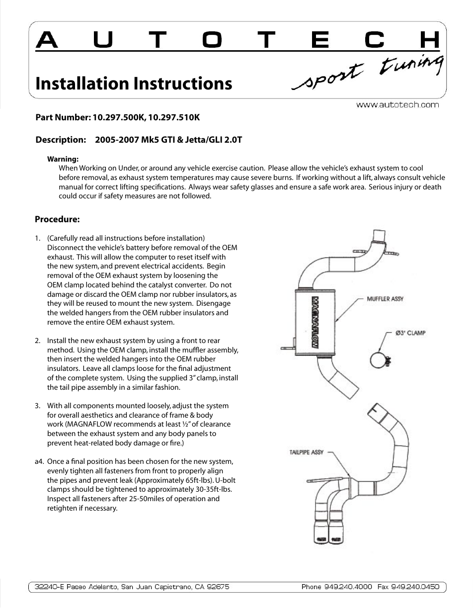 Autotech 10.297.500K-510K SportTuned Stainless Exhaust System, Mk5 GTI/Jetta 2.0T User Manual | 1 page