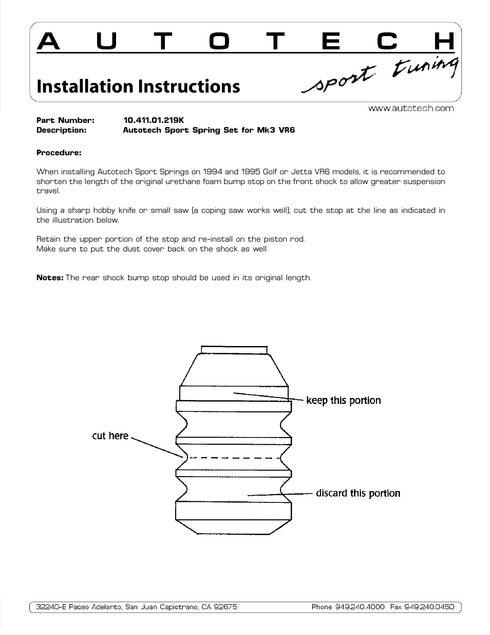 Autotech 10.411.01.219K Front Bump Stop Modification for 1994-1995 Mk3 VR6 Springs User Manual | 1 page