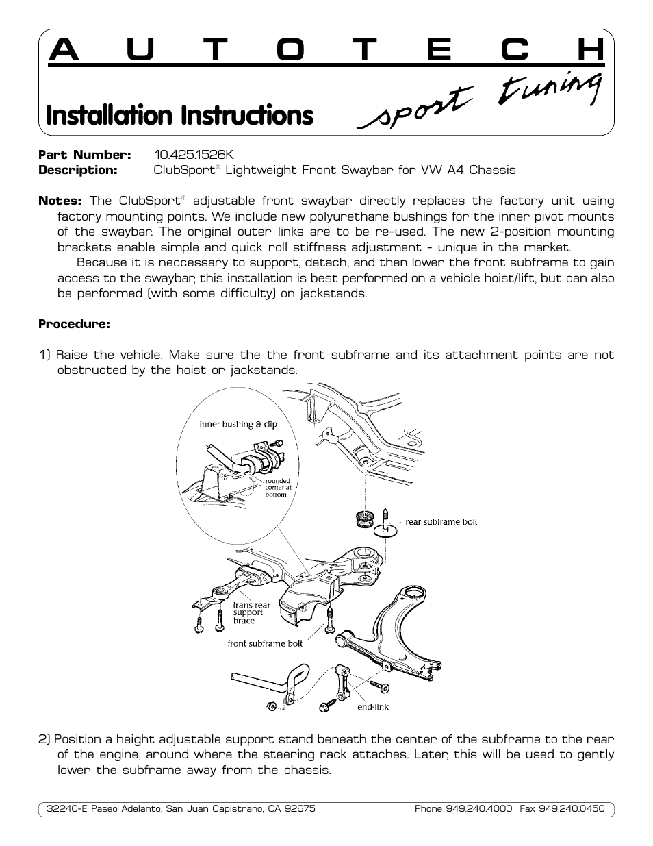 Autotech 10.425.1526GK Front 25mm ClubSport Adjustable Swaybar, Mk4 Models User Manual | 3 pages
